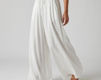 Palazzo-broek met wijde pijpen dames | Soepelvallende polyester strandbroek, elastische taille
