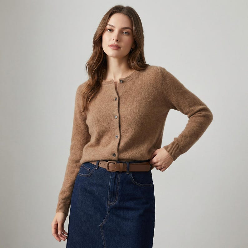 May include: A light brown cardigan with a round neckline and button closure. The cardigan is paired with a brown belt and a dark blue denim skirt. The outfit is simple and classic.