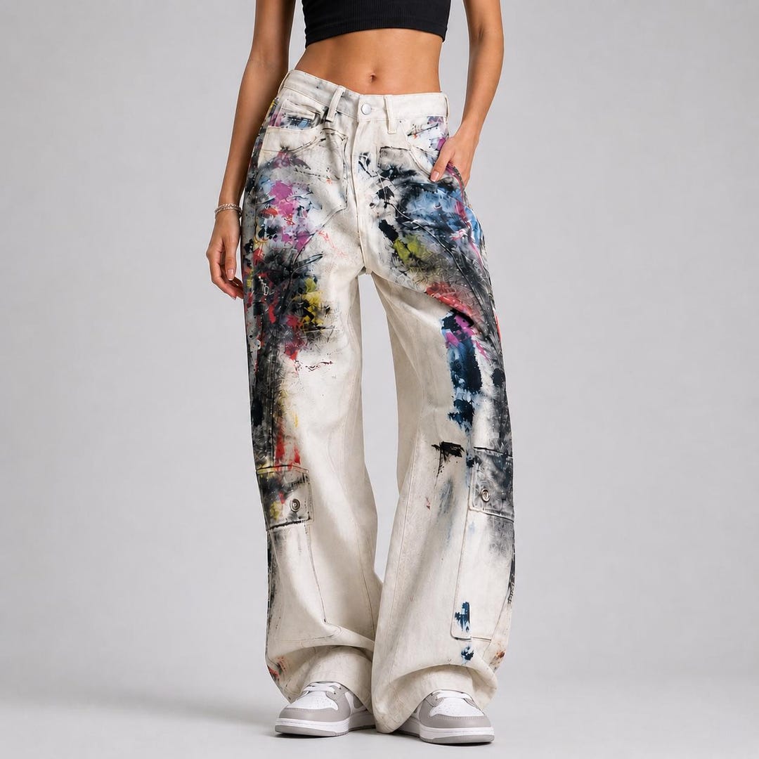 Paint Splatter Wide Leg Jeans | Abstract Ink Splash Denim Trousers