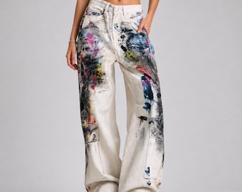 Paint Splatter Wide Leg Jeans | Abstract Ink Splash Denim Trousers