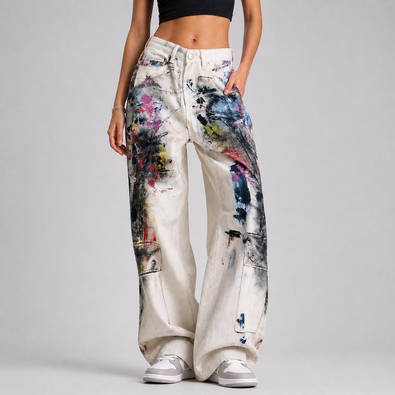 Op de afbeelding: Off-white denim jeans met een wijde pijp en een hoge taille. De jeans zijn bespat met kleurrijke verf in tinten roze, blauw, zwart en rood. Kenmerken zijn twee voorzakken en twee cargozakken. Het model draagt witte sneakers.