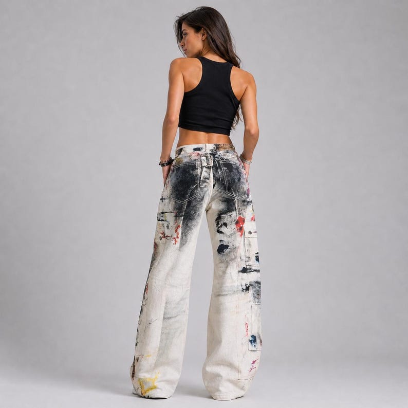 Op de afbeelding: Wijd uitlopende, gebroken witte jeans met een verfspatterontwerp in zwart, rood en blauw. De jeans heeft een hoge taille en een relaxte pasvorm. Een zwarte tanktop wordt gedragen met de jeans.