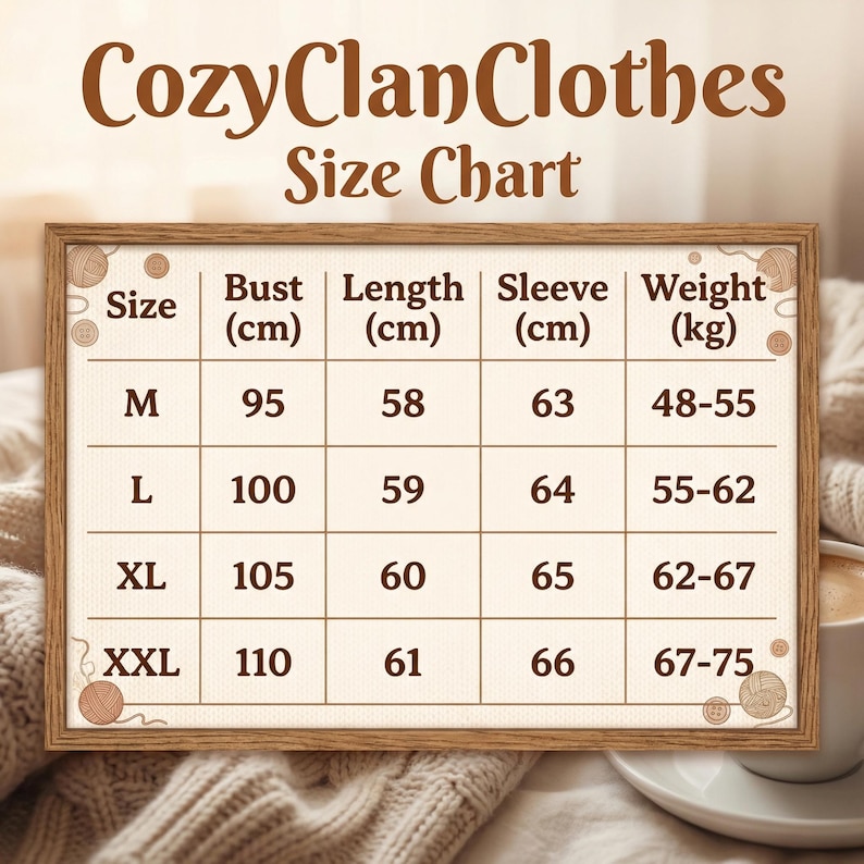 May include: A size chart for CozyClanClothes, displayed in a framed, wooden-look design. The chart lists sizes M, L, XL, and XXL, with bust, length, sleeve, and weight measurements in centimeters and kilograms. The text "CozyClanClothes" is at the top.