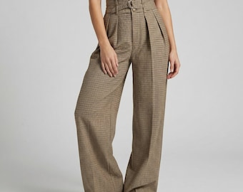 Geruite broek met hoge taille en wijde pijpen | Geruite kantoorbroek met riem