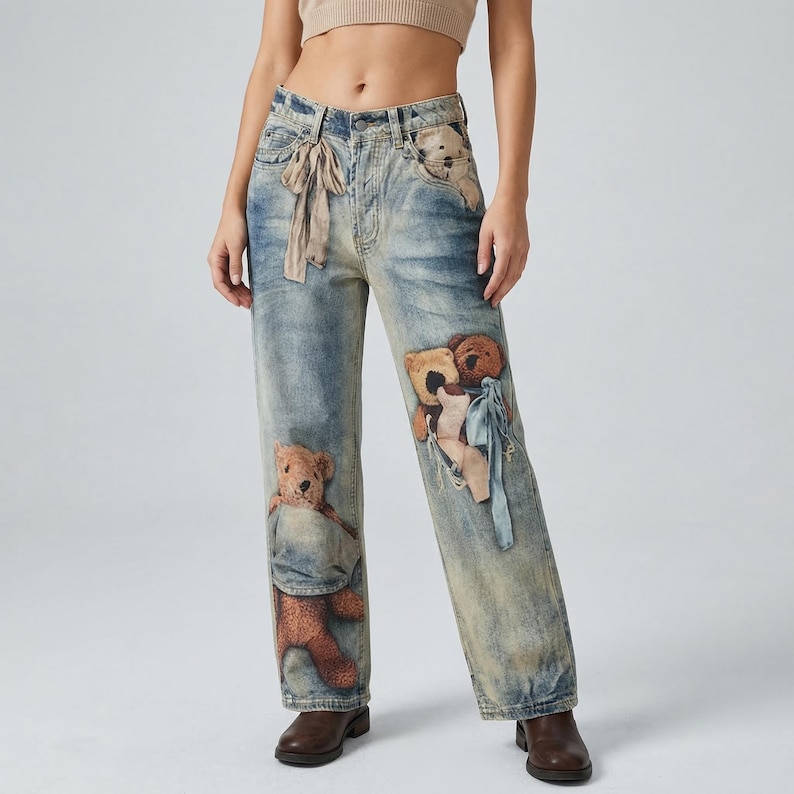 May include: Light blue denim jeans with a faded wash and a relaxed fit. The jeans feature multiple teddy bear appliqu&eacute;s in shades of brown and beige. A fabric tie detail accents the waist. The jeans are worn with brown leather boots.