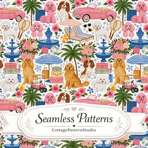 Preppy Coastal Dogs Seamless Pattern, Pink Summer Resort Fabric, Palm Tree Digital Paper, Luxury Dog Wallpaper, Beach Club Print
