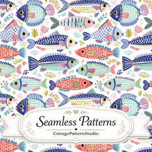 May include: A seamless pattern featuring stylized fish in shades of blue, red, and light green on a white background. The fish have varied patterns including dots, stripes, and scales. A white label at the bottom reads Seamless Patterns CottagePatternStudio.
