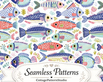 Colorful Fish Seamless Pattern, Coastal Ocean Digital Paper, Whimsical Marine Fabric Design, Beach House Surface Pattern