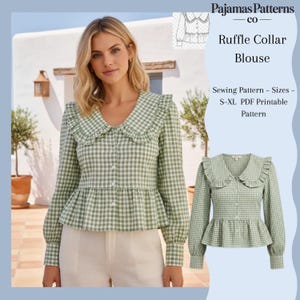 May include: A green and white gingham ruffle collar blouse. The blouse has long sleeves, a button-down front, and a peplum hem. The image also includes a smaller image of the blouse and text that reads "Ruffle Collar Blouse" and "Sewing Pattern - Sizes - S-XL PDF Printable Pattern."