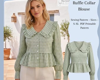 Ruffle Collar Blouse PDF Pattern, Peter Pan Collar Top, Button Front Peplum Shirt, Long Sleeve Puff Blouse, A4 S-XL