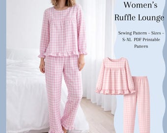 Women’s Ruffle Lounge Set Pattern | PDF Sewing Pattern Top + Pants | Sizes S-XL | A4 Home Print Only