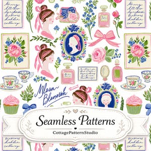 May include: A seamless pattern featuring illustrations of women with pink hair ribbons, perfume bottles, pink roses, blue flowers, teacups, cupcakes, and handwritten notes. The design includes cameo portraits and pink bows on a white background.