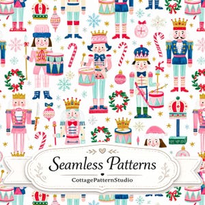 Christmas Nutcracker Seamless Pattern, Pink Holiday Fabric Design, Whimsical Xmas Digital Paper for Quilting & Crafts