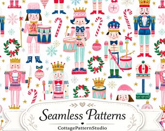 Patrón navideño sin costuras del Cascanueces, diseño de tela navideña rosa, papel digital navideño caprichoso para acolchado y manualidades.