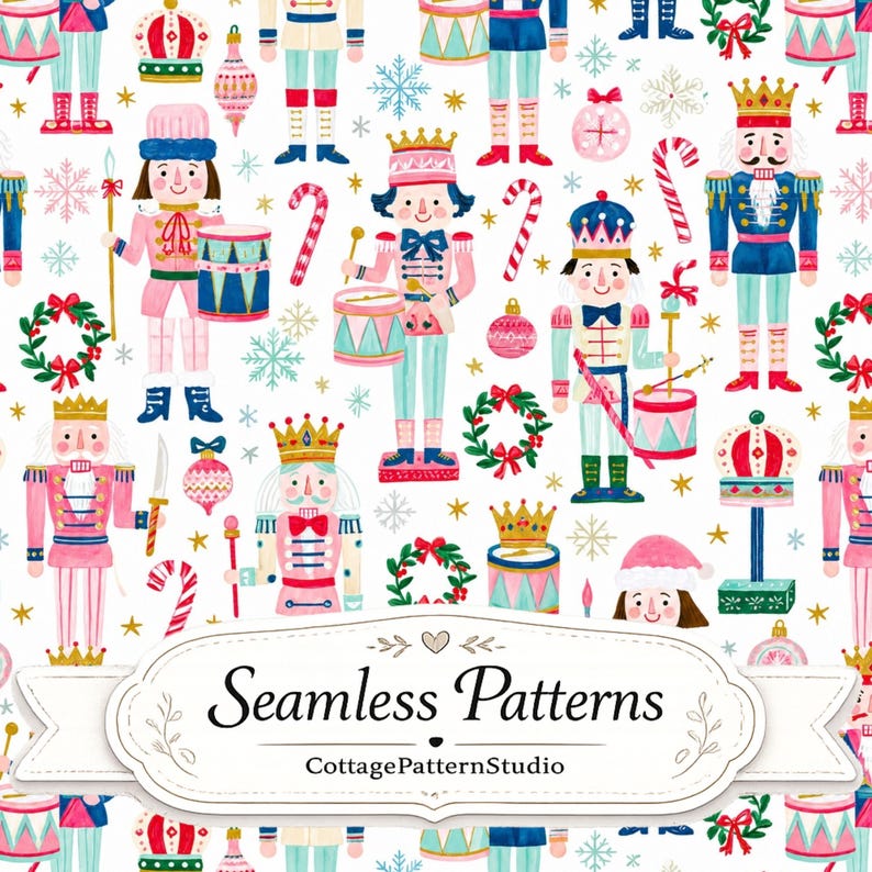 Christmas Nutcracker Seamless Pattern, Pink Holiday Fabric Design, Whimsical Xmas Digital Paper for Quilting & Crafts image 1