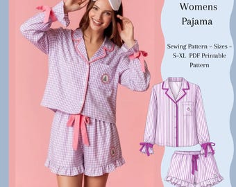 Womens Pajama Shirt + Ruffle Shorts Pattern PDF | Classic Button Shirt + Elastic Waist Ruffle Shorts | Printable A4 Pattern | S-XL