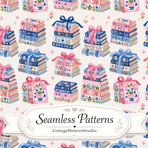 Floral Book Stack Seamless Pattern, Cozy Reader Digital Paper, Cottagecore Library Fabric Design, Book Lover Surface Pattern