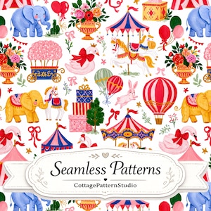 May include: A seamless pattern featuring circus-themed illustrations including blue and yellow elephants, pink swans with red bows, carousels, hot air balloons, gift boxes, and floral arrangements on a white background with the text Seamless Patterns.