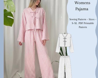 Cozy Pajama PDF Sewing Pattern | Women’s Tie Front Top & Lounge Pants | Sizes S–XL | A4 Pattern