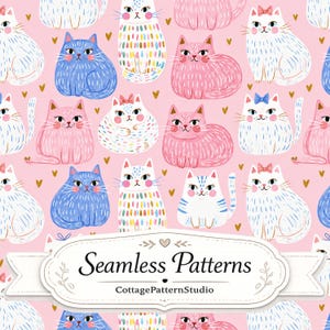 Pode incluir: Um padrão repetitivo num fundo rosa claro com vários gatos ilustrados em branco, azul e rosa com pequenos corações dourados. Uma faixa branca na parte inferior exibe o texto Seamless Patterns e CottagePatternStudio.