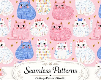 Patrón sin costuras de gatitos en tonos pastel en formato JPG | Diseño de tela de gatito kawaii rosa | Papel digital de gato caprichoso