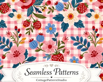Estampado sin costuras de cuadros vichy con fresas, tela floral estilo cottagecore, papel digital Pink Picnic, papel tapiz con diseño de bayas.