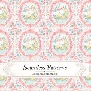 May include: A repeating seamless pattern featuring white geese and yellow goslings inside ornate pink rococo-style frames, accented with light blue flowers on a pale pink background. A white label displays the text Seamless Patterns CottagePatternStudio.