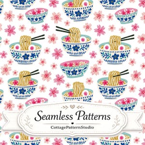 Ramen Seamless Pattern, Japanese Food Digital Paper, Cherry Blossom Noodle Bowl Fabric Design, Kawaii Asian Surface Pattern