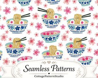 Patrón sin costuras de ramen, papel digital de comida japonesa, diseño de tela de tazón de fideos con flores de cerezo, patrón de superficie asiático kawaii