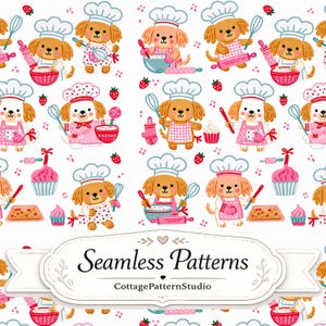 Könnte beinhalten: Ein nahtloses Muster mit Cartoon-Hunden, die Kochmützen und Schürzen tragen und mit Schneebesen, Nudelhölzern und Rührschüsseln backen. Das Design enthält rosa Cupcakes, rote Erdbeeren und Backbleche auf weißem Grund. Der Text lautet Seamless Patterns CottagePatternStudio.