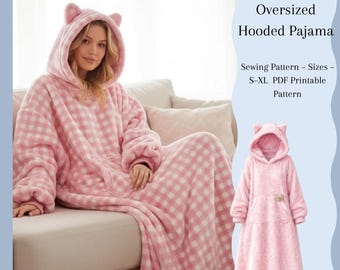 Cozy Hooded Pajama Dress PDF Pattern | Long Hoodie Pajama with Ears | Sewing Pattern A4 S–XL