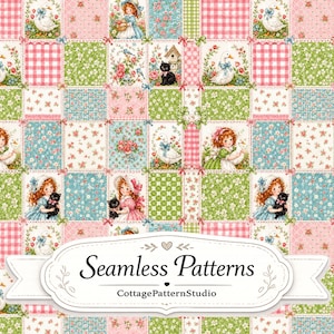 Spring Cottage Patchwork Girls & Geese Seamless Pattern JPG| Vintage Nursery Quilt Fabric | Floral Cottagecore Digital Paper