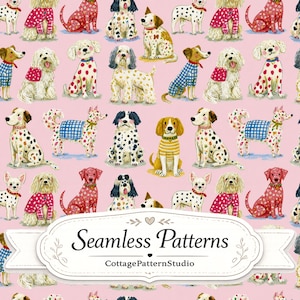 Pode incluir: Um padrão repetitivo num fundo rosa claro com vários cães ilustrados em diferentes poses, alguns vestindo camisolas ou mantas. Uma etiqueta decorativa branca em primeiro plano exibe o texto Seamless Patterns CottagePatternStudio.