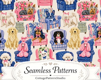 Dog Chair Seamless Pattern, Preppy Puppy Fabric Design, Coquette Pet Digital Paper, Pink Blue Cottagecore Dog Wallpaper