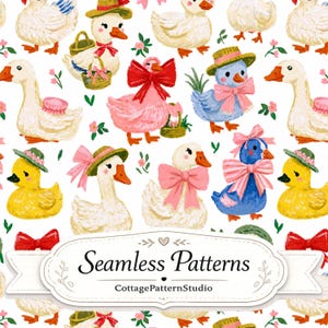 Pode incluir: Um padrão contínuo com ilustrações de patos brancos, amarelos, cor-de-rosa e azuis com chapéus e laços, decorado com pequenas flores e cestos. Uma etiqueta branca central exibe o texto Seamless Patterns e CottagePatternStudio.