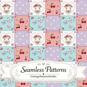 Pode incluir: Um design de tecido digital estilo patchwork com quadrados repetidos de cordeiros com coroas de flores, cerejas vermelhas, borboletas e estrelas brancas sobre fundos de xadrez e bolinhas. Uma etiqueta central diz Seamless Patterns CottagePatternStudio.