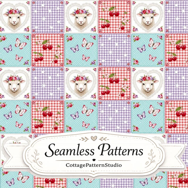K&ouml;nnte beinhalten: Ein digitales Stoffdesign im Patchwork-Stil mit sich wiederholenden Quadraten aus L&auml;mmern mit Blumenkr&auml;nzen, roten Kirschen, Schmetterlingen und wei&szlig;en Sternen auf Vichy- und Punktmustern. Ein zentrales Etikett zeigt Seamless Patterns CottagePatternStudio.