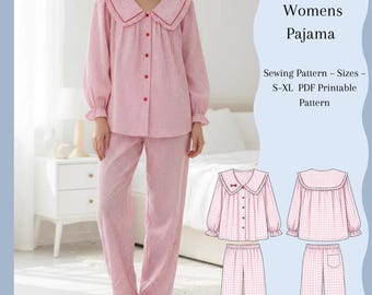 Women’s Pajama Sewing Pattern PDF | Peter Pan Collar Top & Pants | A4 | Sizes S–XL
