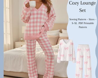 PDF Pajama Pattern for Women | Cozy Lounge Set Sewing Pattern | V Neck Shirt + Pajama Pants | A4 Printable | Sizes S-XL