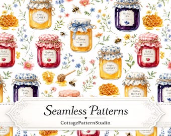 Patrón sin costuras de tarro de miel, diseño Cottagecore de mermelada y miel de flores silvestres, estampado de tela en acuarela, papel digital para álbum de recortes