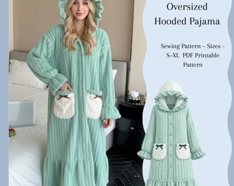 Romantic Hooded Robe Sewing Pattern PDF | Button Front Pajama with Ruffles | Womens Loungewear | Sizes S–XL | A4