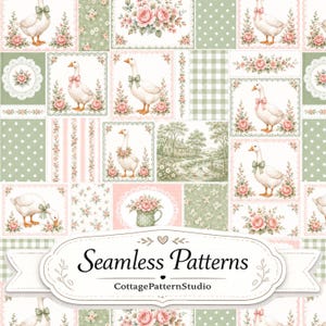 Pode incluir: Um padrão de tecido sem costuras com gansos brancos com laços, rosas cor-de-rosa e folhagem verde. O design inclui bolinhas, xadrez vichy e motivos florais numa paleta de cores suaves. Uma etiqueta branca na parte inferior diz Seamless Patterns CottagePatternStudio.