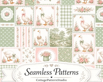 Vintage Goose Patchwork Seamless Pattern, Cottage Farm Goose Digital Paper, Floral Fabric Print, Quilt Blocks, 3600x3600 300 DPI