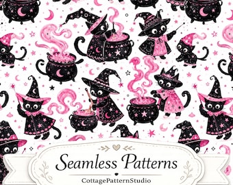 Lindo patrón sin costuras de gato bruja negro JPG | Estampado de tela de gatos de Halloween | Papel digital mágico rosa | Diseño repetitivo de 12x12