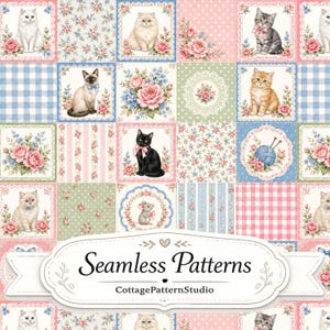 Pode incluir: Uma estampa de tecido com uma grade de quadrados ilustrando vários gatos, buquês de flores, bolinhas, xadrez vichy e listras. Uma etiqueta branca na parte inferior exibe o texto Seamless Patterns e CottagePatternStudio.