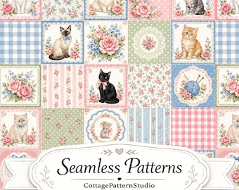 Patrón sin costuras de patchwork de gato vintage, papel digital de gatito shabby chic, estampado de tela de patchwork floral rústico, 3600x3600 300 DPI