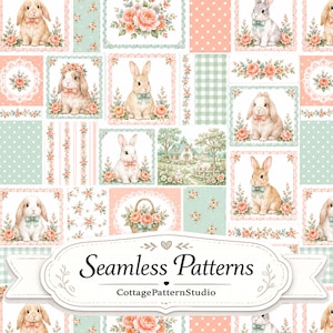 May include: A digital fabric design featuring a repeating patchwork pattern of rabbits, floral bouquets, and cottage scenes in soft pastel shades of peach, mint green, and white. A central white label displays the text Seamless Patterns CottagePatternStudio.