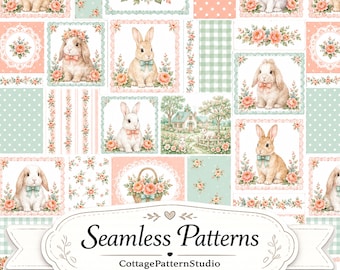 Papel digital con estampado sin costuras de conejito vintage, bloques de patchwork con estampado floral cottagecore, conejito de Pascua, 3600x3600 300 DPI