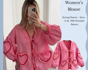 Women’s Blouse PDF Sewing Pattern | Heart Pocket Blouse with Ties | Easy Sewing Pattern S–XL | A0 A4