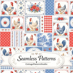 May include: A seamless pattern featuring roosters, hens, red roses, and blue floral motifs arranged in a patchwork grid. The design includes red and white gingham, blue polka dots, and stripes. A central label reads Seamless Patterns CottagePatternStudio.